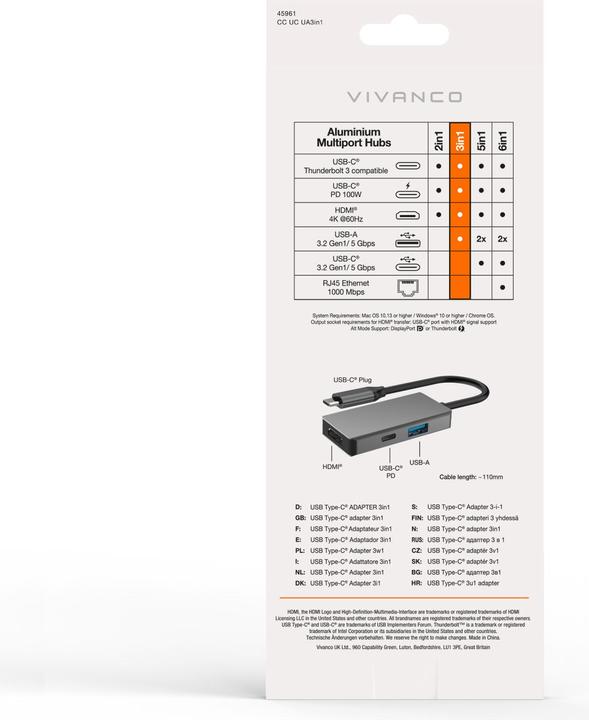 Immagine prodotto Vivanco USB-C Multiport Hub 3in1, Alu Gehaeuse, 4K 60Hz (USB-C, 3 Porti)