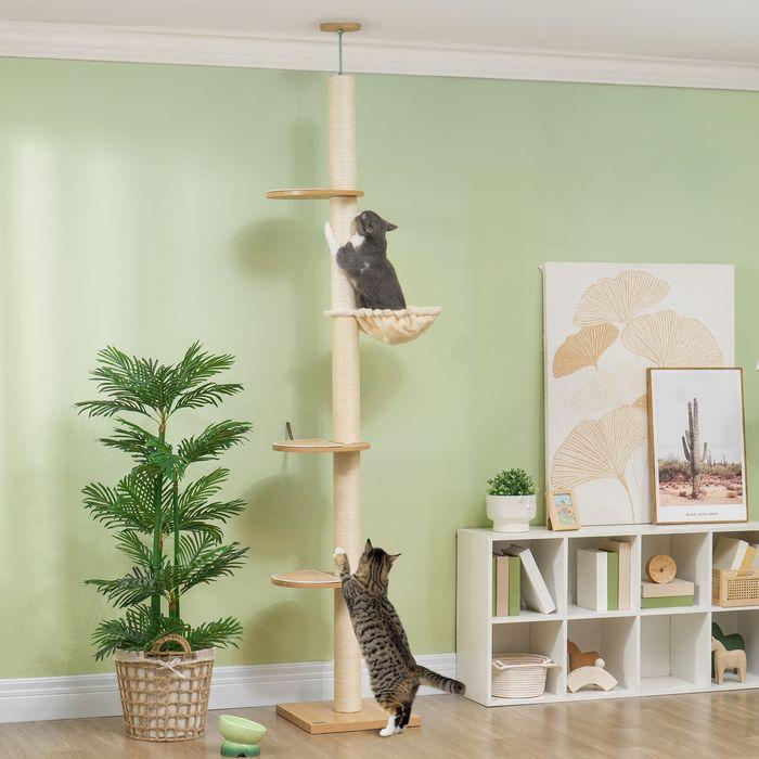 Produktbild Swisshandel24 Kratzbaum, Katzenkratzbaum Deckenhoch, 230-250 cm, Höhenverstellbar, Kippschutz (250 cm, Eiche+Cremeweiss)