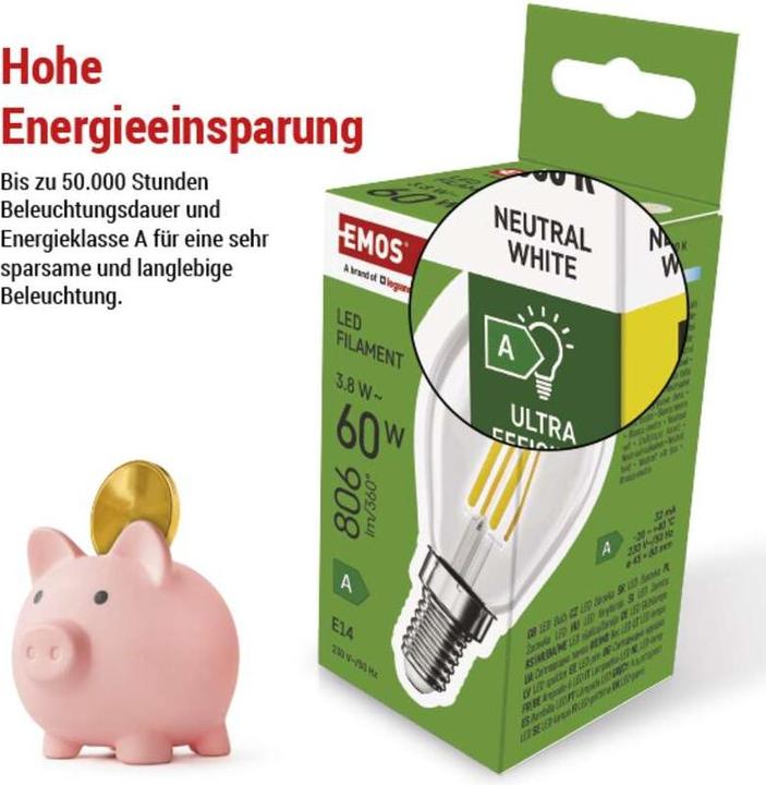 Produktbild Emos LED Lampe Filament Mini Globe A CLASS / E14 / 3,8 W (60 W) / 806 lm / Neutral Weiss (E14, 3.80 W, 806 lm, 1 x, A)