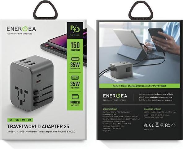 Produktbild Energea ład. siec. 3xUSB+2xUSB-C PD-PPS-QC 3.0 35.5W 3A2C adapter 4w1 US/UA/EU/UK szary/gunmetal Tra (35.50 W)