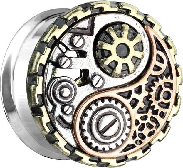 Produktbild Star Piercing Flared Tunnel silber Steampunk Yin und Yang (Messing, Chirurgenstahl 316L)
