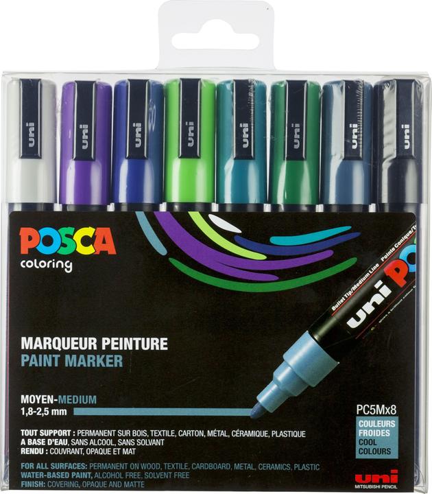 Image du produit Posca Marqueur PC-5M (Vert émeraude, Bleu foncé, Vert foncé, Blanc, Vert pomme, Violet, Gris ardoise, Noir, 2.50 mm, 8 x)