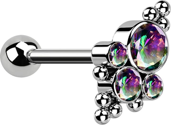 Star Piercing Micro Barbell Innengewinde silber mit Kugel und Kugeln vier Kristalle dunkel multicolor (Titan G23, ohne Messing)