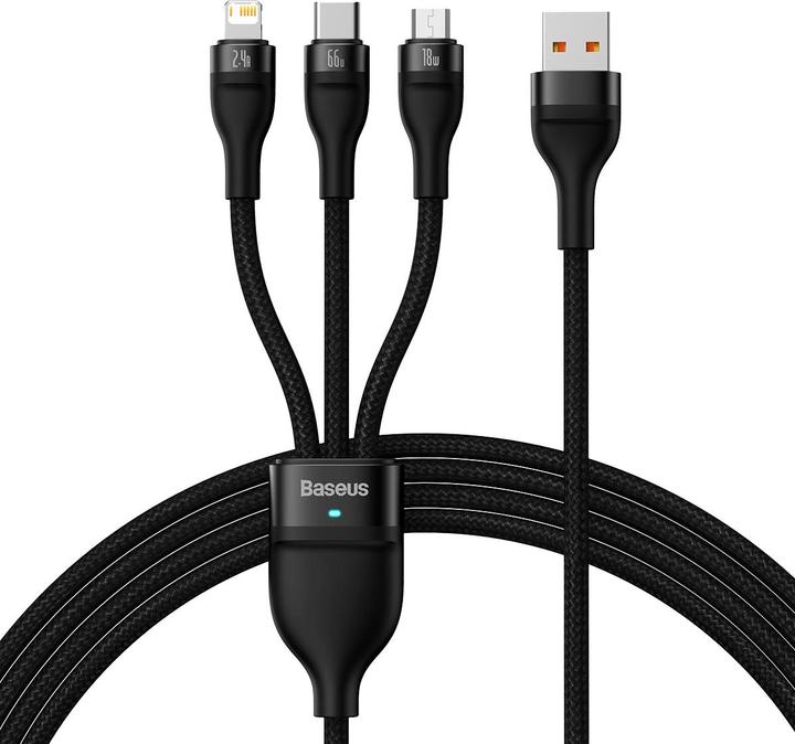 Actual product image Baseus Flash Series Ⅱ One-for-three Fast Charging Data Cable USB to M+L+C 66W 1.2m Black (1.20 m, USB 2.0, 66 W)