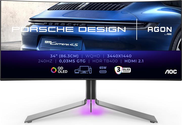 AOC PD3434" Curved OLED Monitor,,, Luidsprekers, in hoogte verstelbaar, 2x HDMI, DisplayPort, USB (3440 x 1440 pixels, 34")