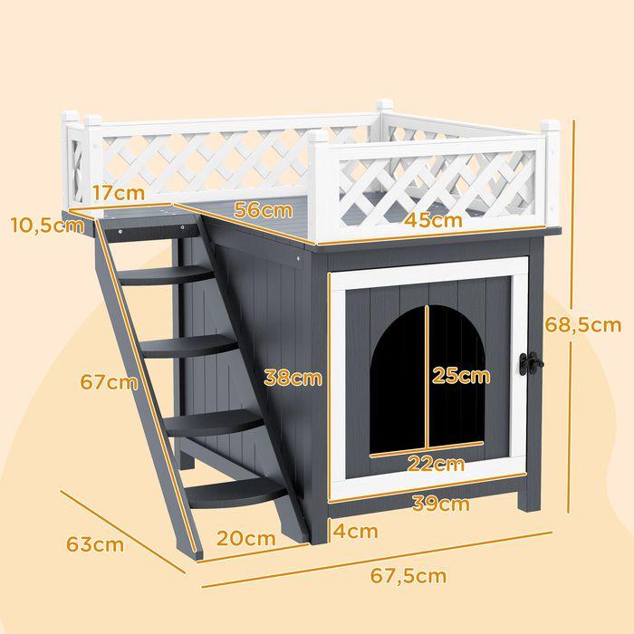 Produktbild Swisshandel24 Katzenhöhle, Katzenhütte aus Tannenholz, Katzenhaus mit Balkon, Treppe Grau (Katze)