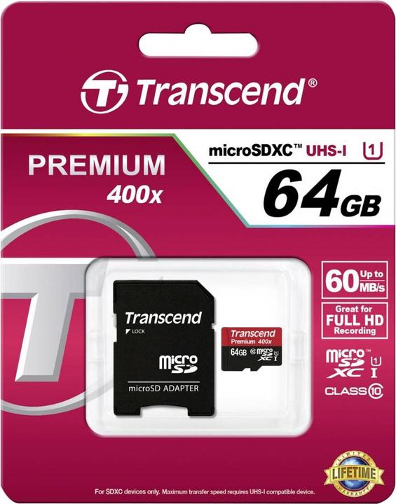 Actual product image Transcend microSDXC Premium 400x UHS-I (64 GB, microSDXC, U1, UHS-I)