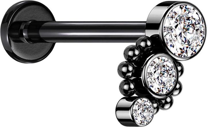 Star Piercing Micro Labret Innengewinde schwarz acht Kugeln drei Kristalle silber (ohne Messing, Chirurgenstahl 316L)