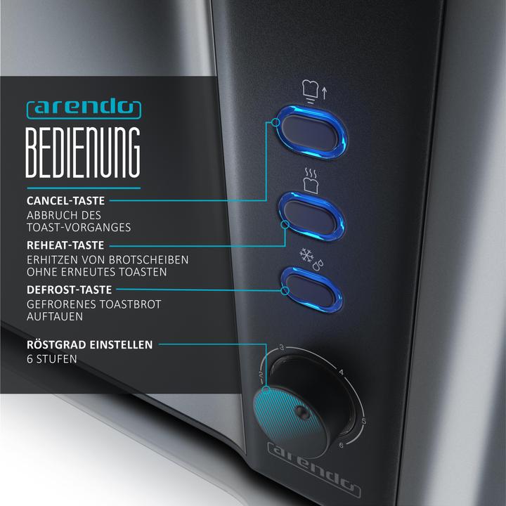 Produktbild Arendo Toaster Edelstahl 2 Scheiben Langschlitz, Doppelwand, Display mit Restzeitanzeige, Brötchenaufsatz