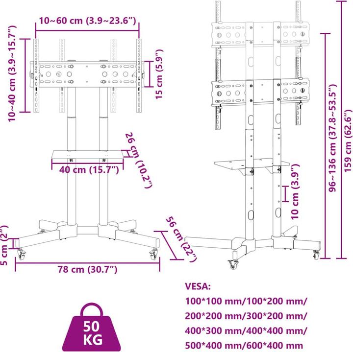 Valeurs nutritives et ingrédients VidaXL Support TV avec roulettes (Universel, 70", 50 kg)