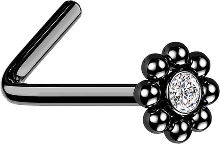 Actual product image Star Piercing Nasenstecker gewinkelt schwarz Blume mit Kugeln und Kristall (without brass, Surgical steel 316L)