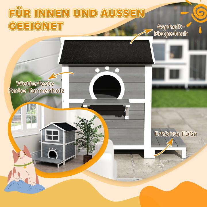 Produktbild PawHut Katzenhaus Tannenholz Grau (Katze)
