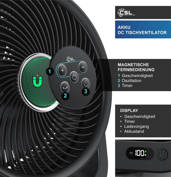 Produktbild CSL Akku Tischventilator, USB Mini Desk Fan, Schreibtischventilator, sehr leise, Fernbedienung, Timer (51 dB)