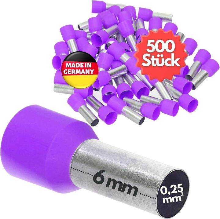 Kalitec 500 Stück AE02506VI Aderendhülsen isoliert 0,25mm² 6mm lang violett I Made in Germany I Indu