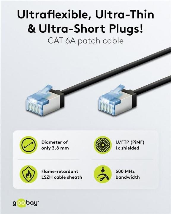 Actual product image Goobay Ultra-flexible CAT 6A patch cable, slim, U/FTP, black (U/FTP, CAT6a, 0.25 m)