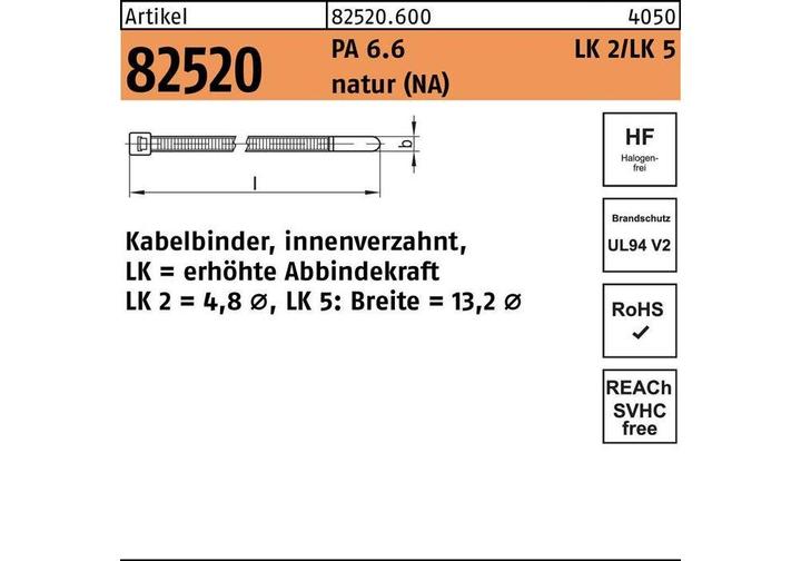 Produktbild HellermannTyton Kabelbinder R 82520 4,8 x 120/ 28 Polyamid 6.6 natur LK2 (Kunststoffkabelbinder, 115 mm, 200 Stk.)