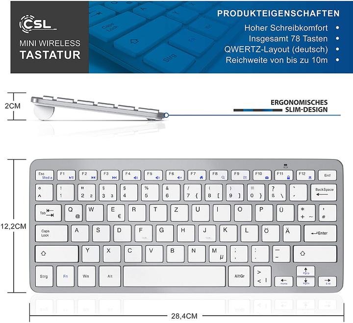 Produktbild CSL Wireless Tastatur, 2,4Ghz Slim Design Mini Keyboard, platzsparend, ergonomisch, Kabellos, silber (DE, Kabellos)