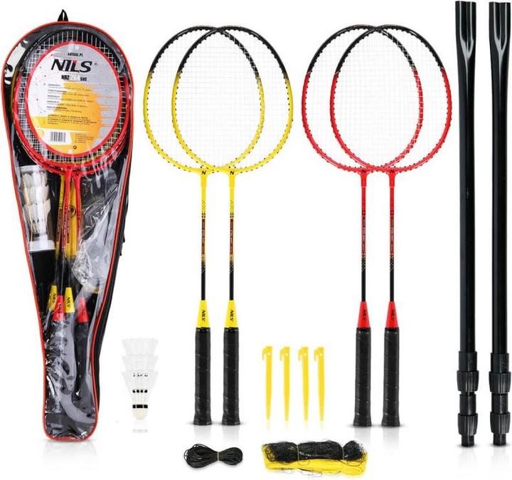 Nils NRZ264 ALUMINIUM Badmintonset 4 Schläger 3 Federpfeile 600x60cm Netz Koffer
