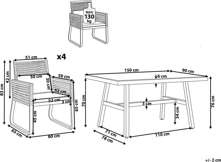 Produktbild Beliani Gartenmöbel Set Aluminium / Flechtseil schwarz 4-Sitzer CANETTO (150 cm)