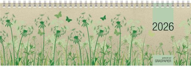 Produktbild Tischquerkalender Graspapier 2026 - 32x10,5 cm - 1 Woche auf 2 Seiten - nachhaltiger Bürokalender - (Deutsch, Italienisch, Französisch, Englisch)