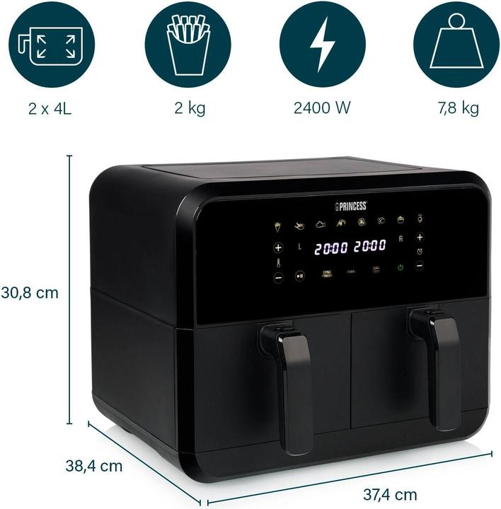 Productafbeelding Princess 182068 Airfryer met dubbele mand - Dubbele heteluchtfriteuse - 2 manden x 4 liter - Touchscreen