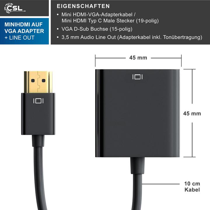 Immagine prodotto CSL Adattatore da HDMI Tipo C (Mini) a VGA e Jack da 3,5 mm, adattatore video/audio Full HD da Mini (VGA, 10 cm)