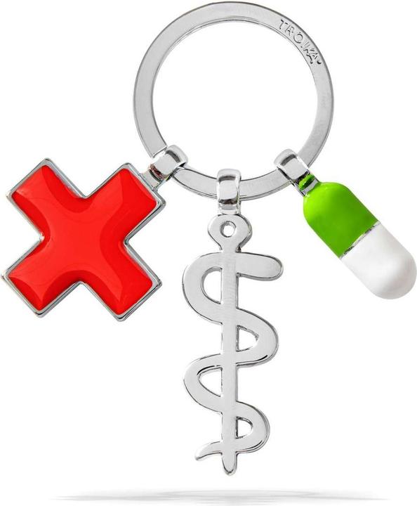 Actual product image Troika GET WELL Keychains with 3 pendants Asclepius, Cross, Pill, shiny grey/multicoloured