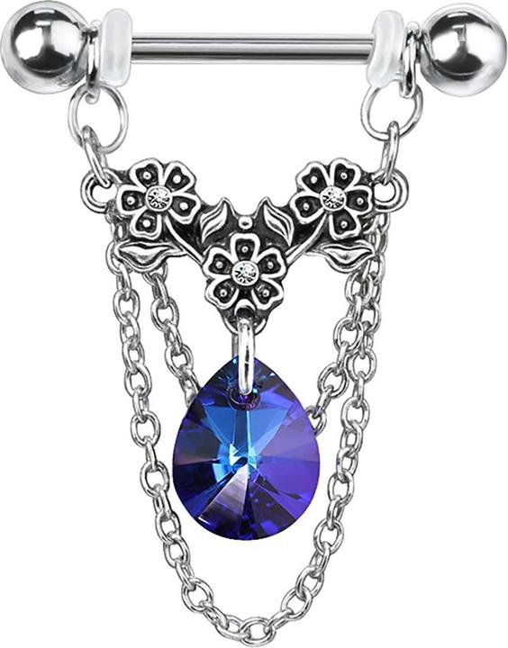 Star Piercing Barbell silber Blumen mit Kristall aqua und Anhänger Kette (Chirurgenstahl 316L, Messing)