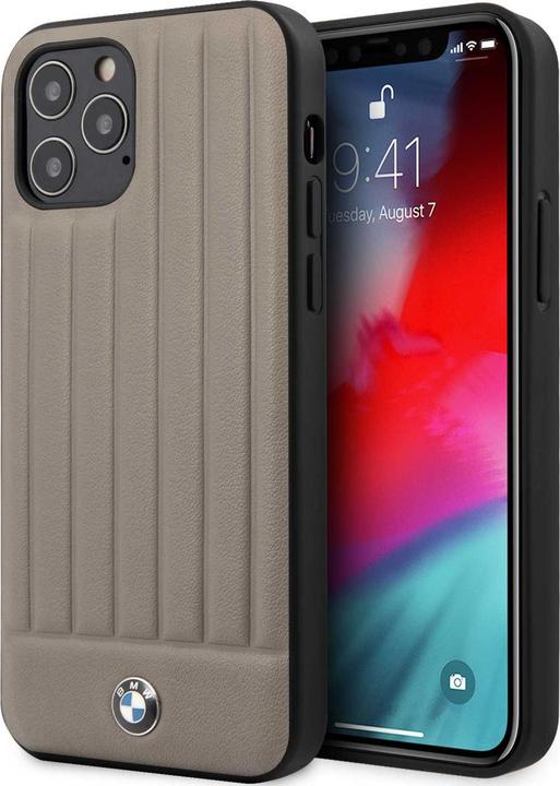 Actual product image BMW PC/TPU Shiny Hard Case Genuine Leather with Vertical Hot Stamped Lines (Apple iPhone 12)