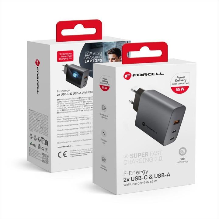 Produktbild Forcell Adapter F-ENERGY GaN VT-42B travel charger 2 x Type C + USB A PD QC4.0 4A 65W gray (65 W)