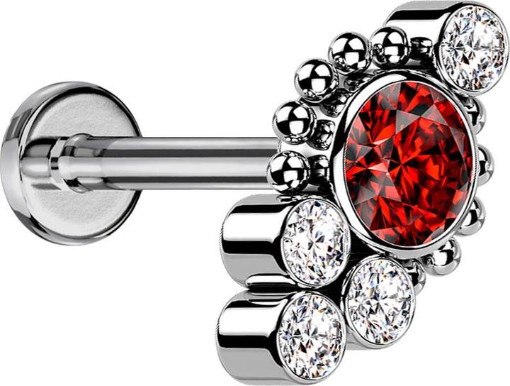 Star Piercing Micro Labret Innengewinde silber Kugeln vier Kristalle silber Kristall rot (ohne Messing, Titan G23)