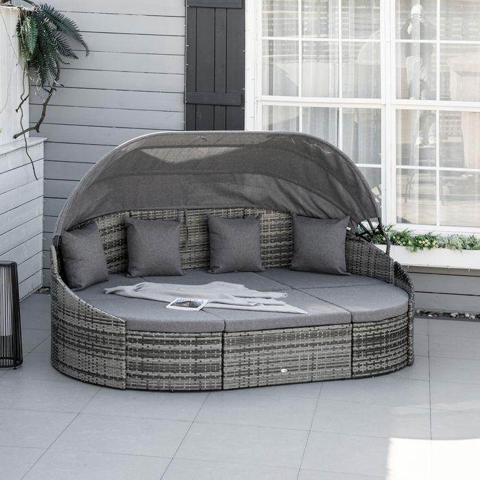 Produktbild Swisshandel24 Rattan Sonneninsel 4-teilige Liegeinsel mit Sonnendach Sitzgruppe 4 Kissen Metall Grau 230 x 145 x 8