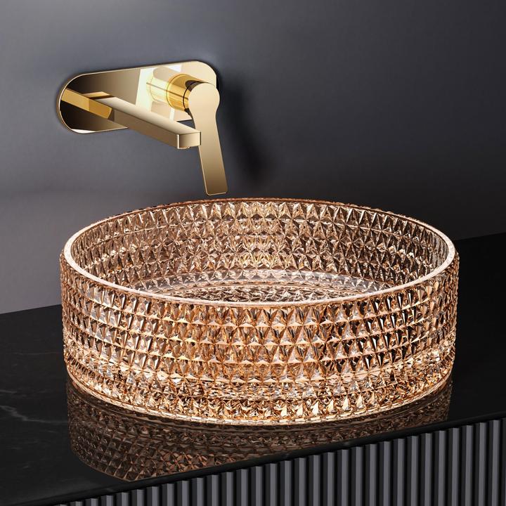 Produktbild Emke Aufsatzwaschbecken, 360 x 360 x 112 mm, Waschbecken aus roségoldenem Glas, Rundes Aufsatzwaschbecken (360 mm, 360 mm)