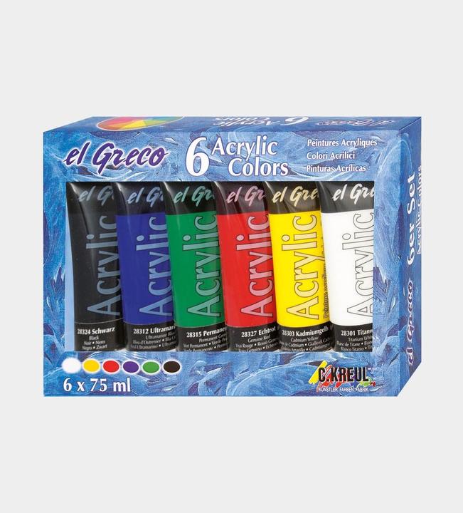 Immagine prodotto Kreul el Greco Set di 6 acrilici (Blu oltremare, Bianco di titanio, Giallo cadmio, Verde permanente, Nero, Rosso reale, 450 ml)
