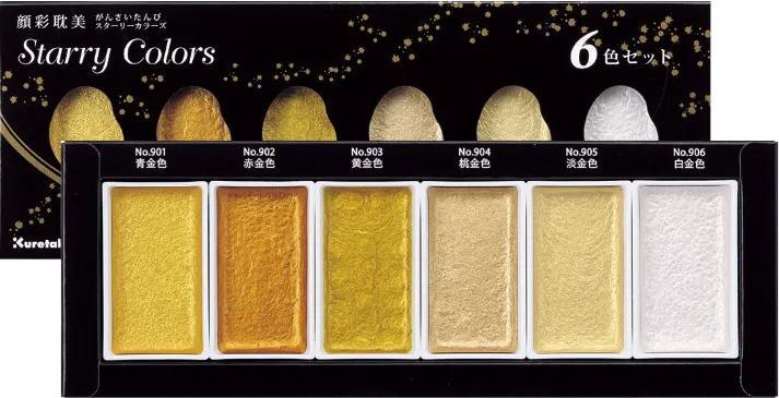 Produktbild Zig Gansai Tambi Starry Color watercolors, 6 glitter colors (gold (Nr. 905), Blau Gold (Nr. 901), weiss (Nr. 906), gelb und gold (Nr. 903), Rotgold (Nr. 902), Champagne Gold (Nr. 904))