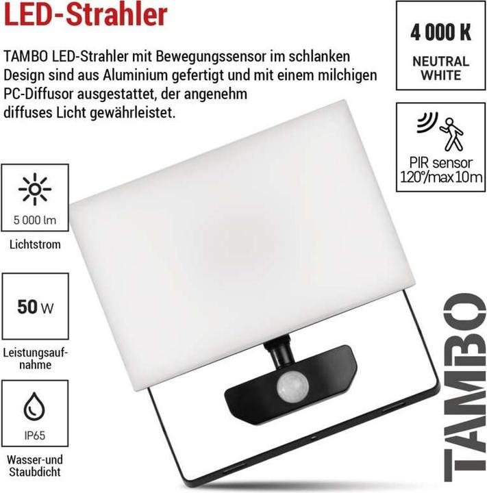 Produktbild Emos LED-Flutlicht TAMBO mit Bewegungssensor, 50 W, 5000 lm, schwarz (5000 lm, IP54)