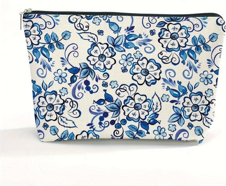 Only-Bags.Store Chic Blau & Weiss Porzellan Floral Kosmetiktasche für Frauen - wasserdicht, grosse Kapazität