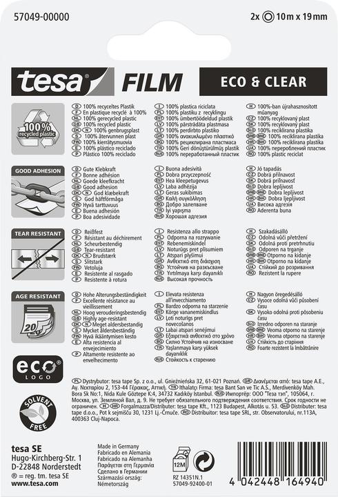 Image du produit tesa 2x tesafilm ECO & CLEAR, sans solvant et résistant au vieillissement (19 mm)