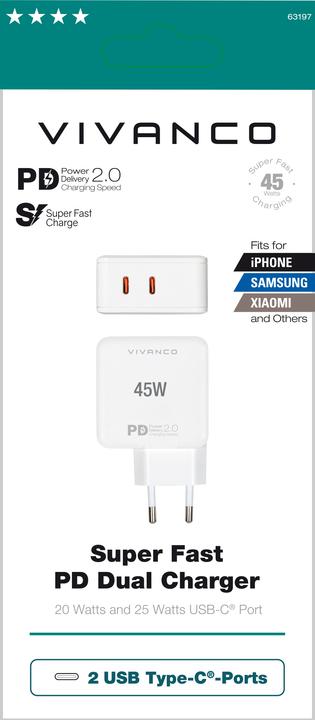 Actual product image Vivanco USB-C PD2.0 dual fast charger, 20W + 25W, white (45 W)