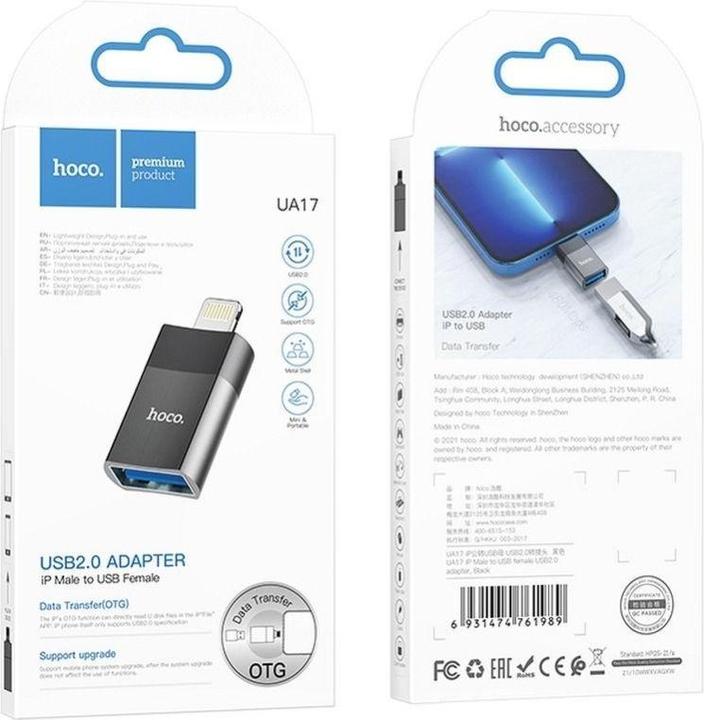 Produktbild Hoco - OTG Adapter (UA17) - Lightning to USB-A, Plug & Play - Black (USB-A, Lightning)