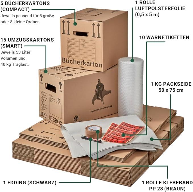 Produktbild BB Umzugskarton Zügelkarton Komplettset (für 1 bis 2-Zimmer-Wohnung bis zu einer Grösse von ca. 50 m (53 l)