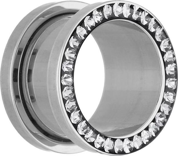 Star Piercing Flesh Tunnel silber mit Kristall silber und Epoxy Schutzschicht (ohne Messing, Chirurgenstahl 316L)