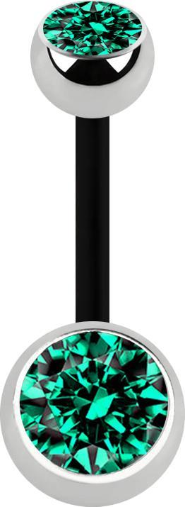 Star Piercing Banane schwarz mit zwei Kugeln silber Kristall türkis (ohne Messing, Bioflex, Chirurgenstahl 316L)