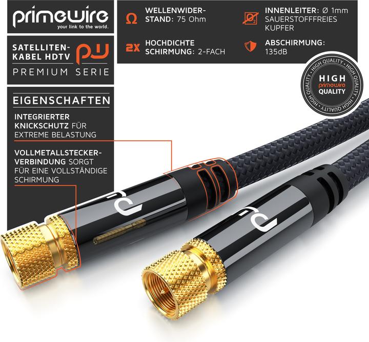 Produktbild Primewire HDTV Satellitenkabel mit Stoffummantelung, SAT Kabel, 135dB 75 Ohm, 8k, 4k, HDTV, F Stecker, schwarz (135 dB, Antennenkabel)