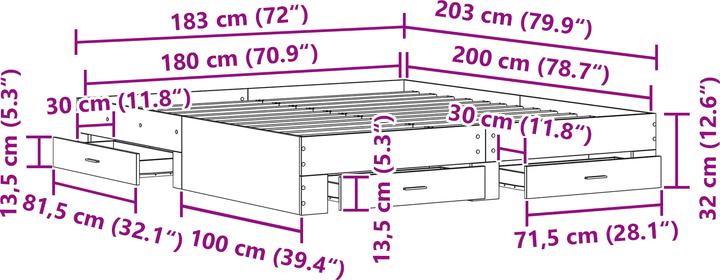Produktbild VidaXL Bett mit Schubladen Altholz 180x200 cm Holzwerkstoff (180 x 200 cm)