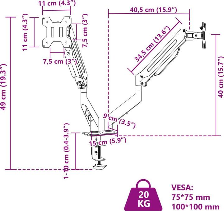 Nährwerte und Zutaten VidaXL Doppel-Monitorarm für Max 27 Zoll VESA 75/100 mm 20 kg (27")