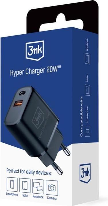 Immagine prodotto 3MK HyperCharger 20W 1xUSB-C + 1xUSB-A ładowarka sieciowa PD/QC czarna/nero (20 W)