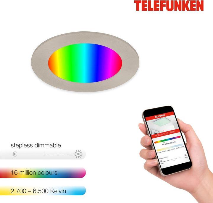 Produktbild Telefunken LED Einbauleuchte dimmbar IP23 WiFi RGBW 6W 600 lm warmwei - tageslichtwei rund nickel matt 120 (600 lm)