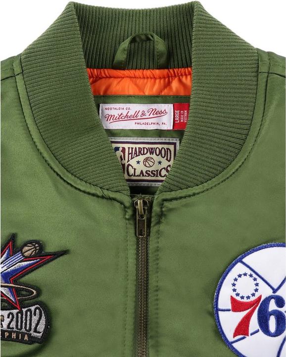 Actual product image Mitchell & Ness M&N Satin Bomber Veste - FLIGHT Philadelphia 76ers olive (M)