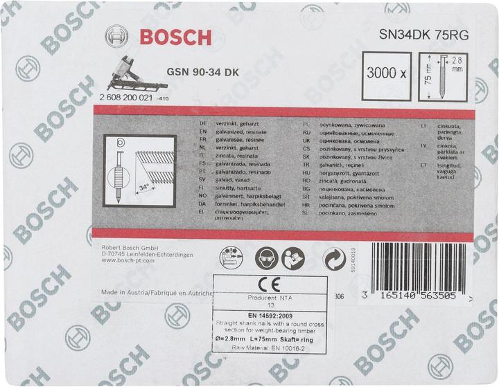 Nutritional values and ingredients Bosch Professional Zubehör D-head strip nail SN34DK 75RG, 2.8 mm, 75 mm, galvanised, grooved